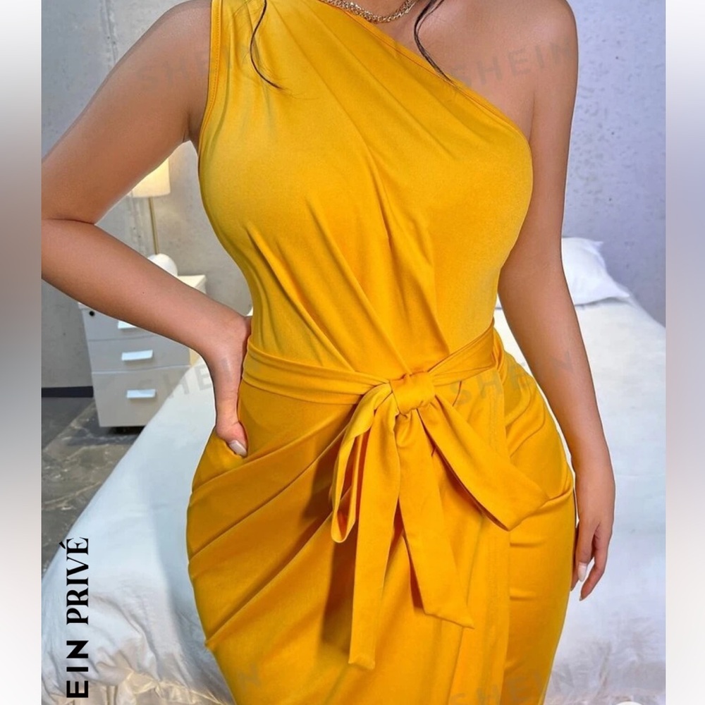 SHEIN Privé One Shoulder Tulip Hem Belted Dress